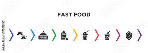 fast food filled icons with infographic template. glyph icons such as cups, free, preparation, frappe, yogurt, guarantee vector.