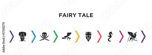 fairy tale filled icons with infographic template. glyph icons such as talking tree, jolly roger, gryphon, evil, seahorses, griffin vector.