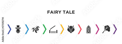 fairy tale filled icons with infographic template. glyph icons such as leprechaun, hydra, drawbridge, beast, stained glass, enchantment vector.