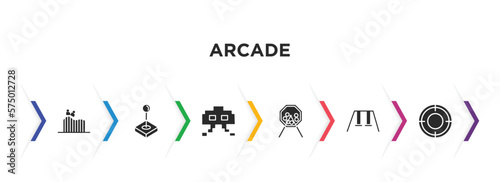 arcade filled icons with infographic template. glyph icons such as roller coaster, joystick, , lottery game, swing, shooter vector.