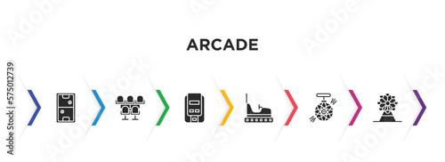 arcade filled icons with infographic template. glyph icons such as air hockey, cinema seat, super, bumper car, nightclub, ferris wheel vector.