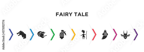 fairy tale filled icons with infographic template. glyph icons such as werewolf, pinocchio, knight, curupira, genie, faun vector.