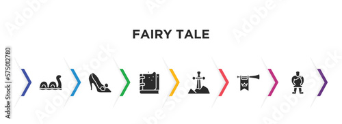 fairy tale filled icons with infographic template. glyph icons such as loch ness monster, cinderella shoe, spellbook, excalibur, fanfare, giant vector.