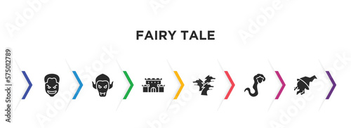 fairy tale filled icons with infographic template. glyph icons such as joker, vampire, castle, cerberus, rapunzel, witch vector.