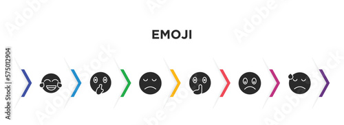 emoji filled icons with infographic template. glyph icons such as laugh emoji, shushing emoji, disappointed quiet slightly frowning dissapointment vector.
