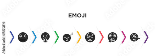 emoji filled icons with infographic template. glyph icons such as angry emoji, puking emoji, sleep worried exhausted liar vector.