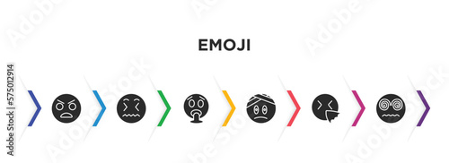 emoji filled icons with infographic template. glyph icons such as yelling emoji, disgusted emoji, vomit injured sneezing hypnotized vector.