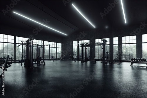 Fototapete Gym interior barbell and machines dark background, Generative Ai