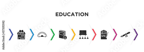 education filled icons with infographic template. glyph icons such as book shop, semicircles, download book, university class, registered, folded certificate vector.
