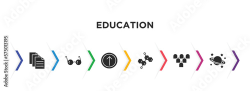 education filled icons with infographic template. glyph icons such as various files, studying glasses, top, chemical diagram, grandstand, planet saturn vector.