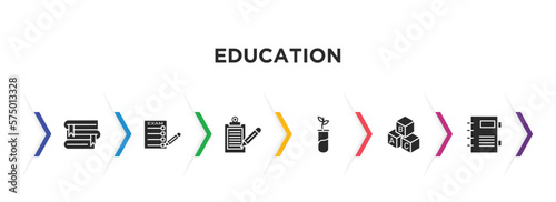 education filled icons with infographic template. glyph icons such as stack of books, exams, written clipboard, plant sample, baby abc cubes, agenda with bookmarks vector.