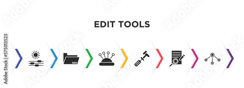 edit tools filled icons with infographic template. glyph icons such as lightness, folders, needle case, cobbler, defining, allocation vector.