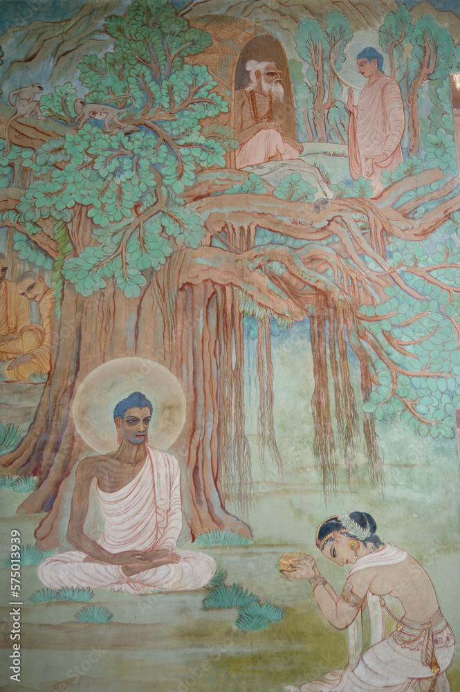 Sarnath, India – March 27, 2008 : Buddha’s Life fresco of the Japanese artist Kosetsu Nosu (1931), Sujata offering milk to Buddha, Buddhist Temple of Kuti Vihar, Sarnath, Uttar Pradesh, India