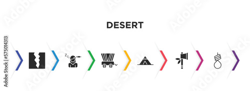 desert filled icons with infographic template. glyph icons such as crack, fatigue, wild west cart, wigwam, tomahawk, noose vector.