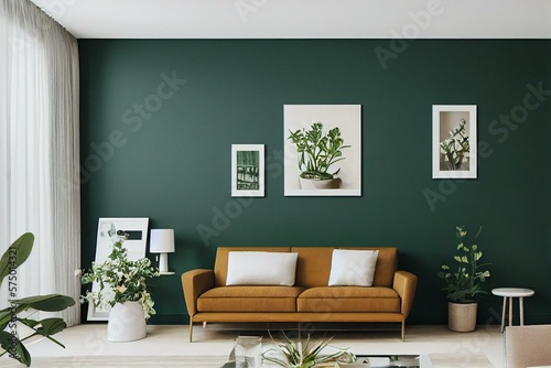 Foto Fine apartment's stylish living room decor with faux poster frame, flowers in vase, camera, and elegant accessories on shelf