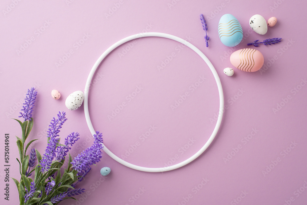 Easter concept. Top view photo of empty circle pink blue white easter eggs and bouquet of lavender flowers on isolated lilac background with blank space