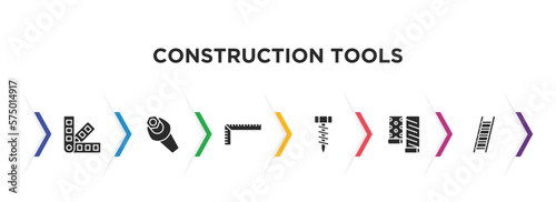 construction tools filled icons with infographic template. glyph icons such as pantone, wrench and nut, school ruler, garage screw, wallpaper, ladder vector.