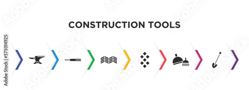 construction tools filled icons with infographic template. glyph icons such as anvil, drawing, parquet, tiles, dustpan and brush, spade tool vector.