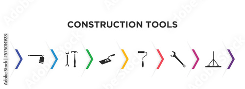 construction tools filled icons with infographic template. glyph icons such as gardening digger, garage screwdriver, trowel, paint roller, repair wrench, bump cutter vector.