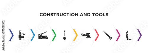 construction and tools filled icons with infographic template. glyph icons such as allen keys, staple gun, spade, sanding hine, handsaw, jackknife vector.