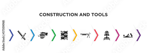 construction and tools filled icons with infographic template. glyph icons such as pencil and ruler, chop saw, scaffolding, caulk gun, mechanic working, planer vector.