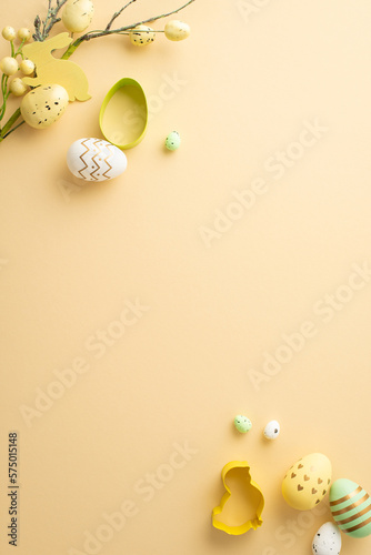 Easter decorations concept. Top view vertical photo of colorful easter eggs baking molds and easter bouquet on isolated beige background with copyspace photo