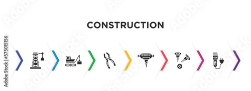 construction filled icons with infographic template. glyph icons such as derrick with boxes, derrick with box, inclined clippers, pickaxes drilling, two screws, clippers vector.