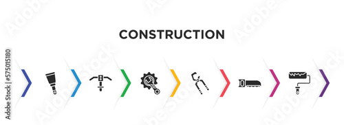 construction filled icons with infographic template. glyph icons such as scraper, inclined picker, wrench and gear, big clippers, hacksaw, roller and paint vector.
