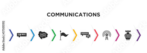 communications filled icons with infographic template. glyph icons such as swearing, speech cloud, waving flag, chat message, broadcasting, ink bottle vector.