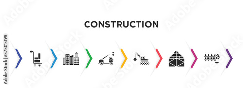 construction filled icons with infographic template. glyph icons such as trolley with cargo, , crane truck, derrick with ball, joist, garden fence vector.