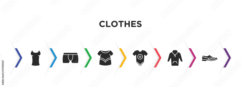 Naklejka premium clothes filled icons with infographic template. glyph icons such as tanktop, underpants, blouse, baby grow, fleece, shoes vector.