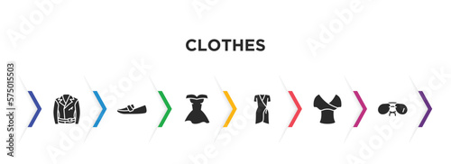clothes filled icons with infographic template. glyph icons such as leather biker jacket, loafer, cocktail dress, jersey wrap dress, draped top, pilot sunglasses vector.