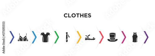 clothes filled icons with infographic template. glyph icons such as brassiere, jersey, cravat, sandals, top hat, tank top vector.