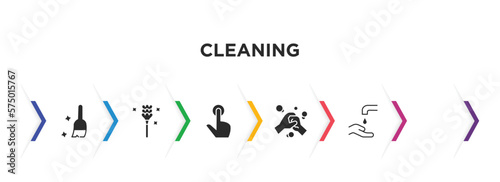 cleaning filled icons with infographic template. glyph icons such as sweeping, feather duster, tap, cleaner uniform, washing hand, charwoman vector.