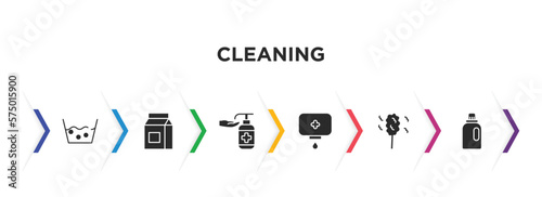 cleaning filled icons with infographic template. glyph icons such as wash, baking soda, sanitize, soap, dusting, softener vector.