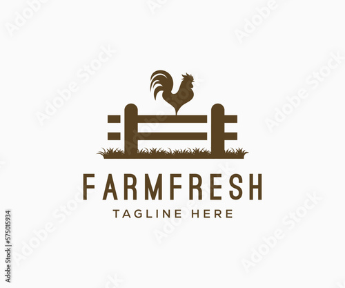 Farm logo design. Rooster on fence vintage logo design template. Agriculture farm logo design