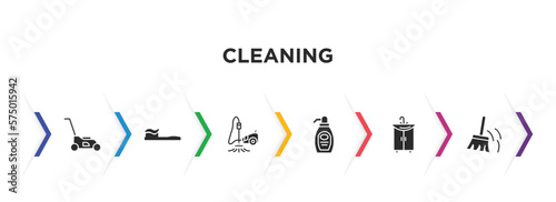 cleaning filled icons with infographic template. glyph icons such as lawn mower, toothpaste cleanin, vacuum cleanin, cream cleanin, sink, wiping swipe for floors vector.