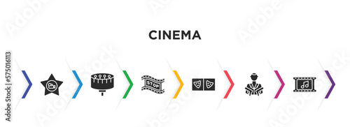 cinema filled icons with infographic template. glyph icons such as film star, zoetrope, freeze frame, prompt box, hitman, soundtrack vector.