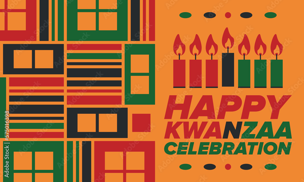Kwanzaa Happy Celebration. African and African-American culture holiday. Seven days festival, celebrate annual from December 26 to January 1. Black history. Poster, card, banner and background. Vector Kwanzaa Happy Celebration. African and African-American culture holiday. Seven days festival, celebrate annual from December 26 to January 1. Black history. Poster, card, banner and background. Vector