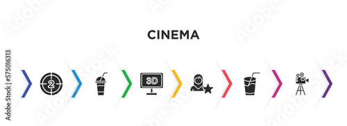 cinema filled icons with infographic template. glyph icons such as film counter, smoothie with straw, 3 dimension screen, cinema celebrity, drink with straw, old projector vector.