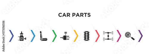 car parts filled icons with infographic template. glyph icons such as car choke, car bucket seat, distributor, cylinder head, chassis, crank vector.