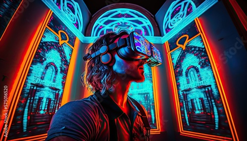 Man wearing a vr headset in a vivid neon highlighted room illustration
