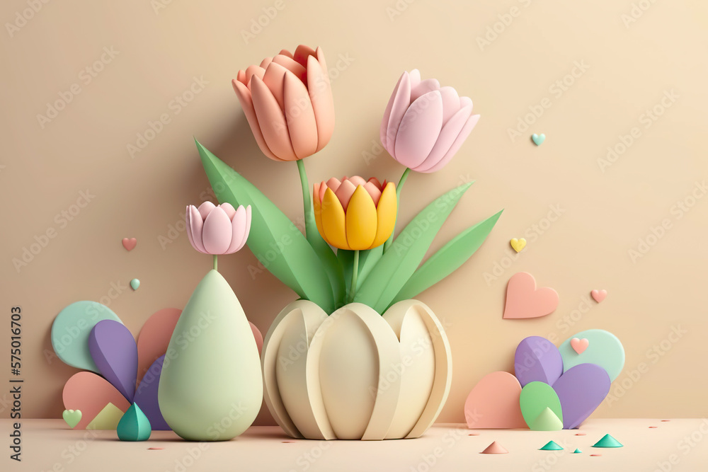 Happy Ladies Day 3D decoration concept with colorful tulips and flowers, paper style International Women's Day greeting card in pastel colors. Generative Ai