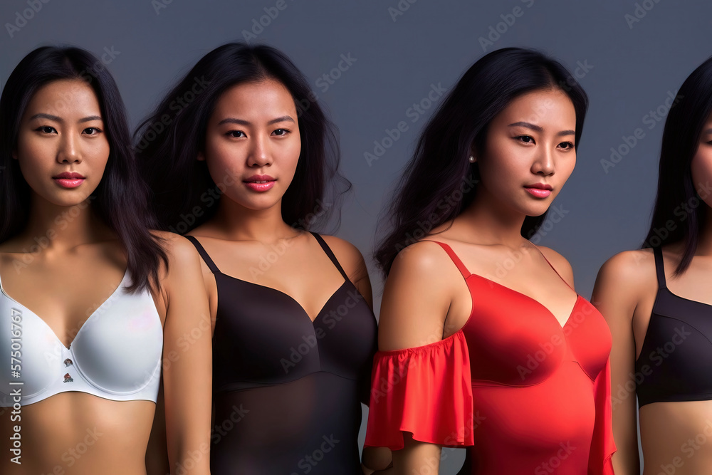A group of young Asian women wearing lingerie posed in a studio for an indoor photo shoot, made with generative ai A group of young Asian women wearing lingerie posed in a studio for an indoor photo shoot, made with generative ai