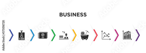 business filled icons with infographic template. glyph icons such as identity card, email contacts, sleepy worker at work, proof of work, line chart statistics, ascendant graph vector.
