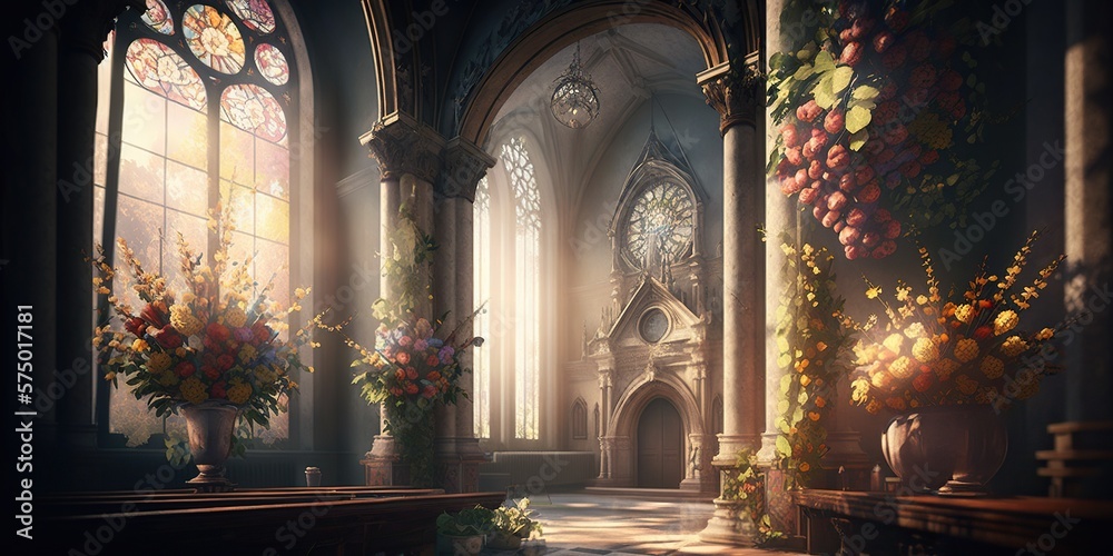 Obraz premium Church decorated with floral arrangements and ornate easter decorations with sunlight streaming through stained glass windows, concept of Festivity and Piety, created with Generative AI technology