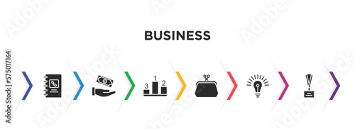 business filled icons with infographic template. glyph icons such as address book, give money, ranking factor, coin purse, round light bulb, lanyard vector.