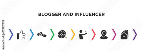 blogger and influencer filled icons with infographic template. glyph icons such as like, likes, film reel, selfie, placeholder, home vector.