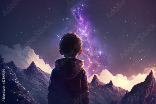 Child looking out the cosmos stars, made with Generative AI