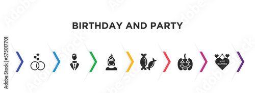 birthday and party filled icons with infographic template. glyph icons such as wedding, groom, birthday girl, sweet, halloween, just married vector.